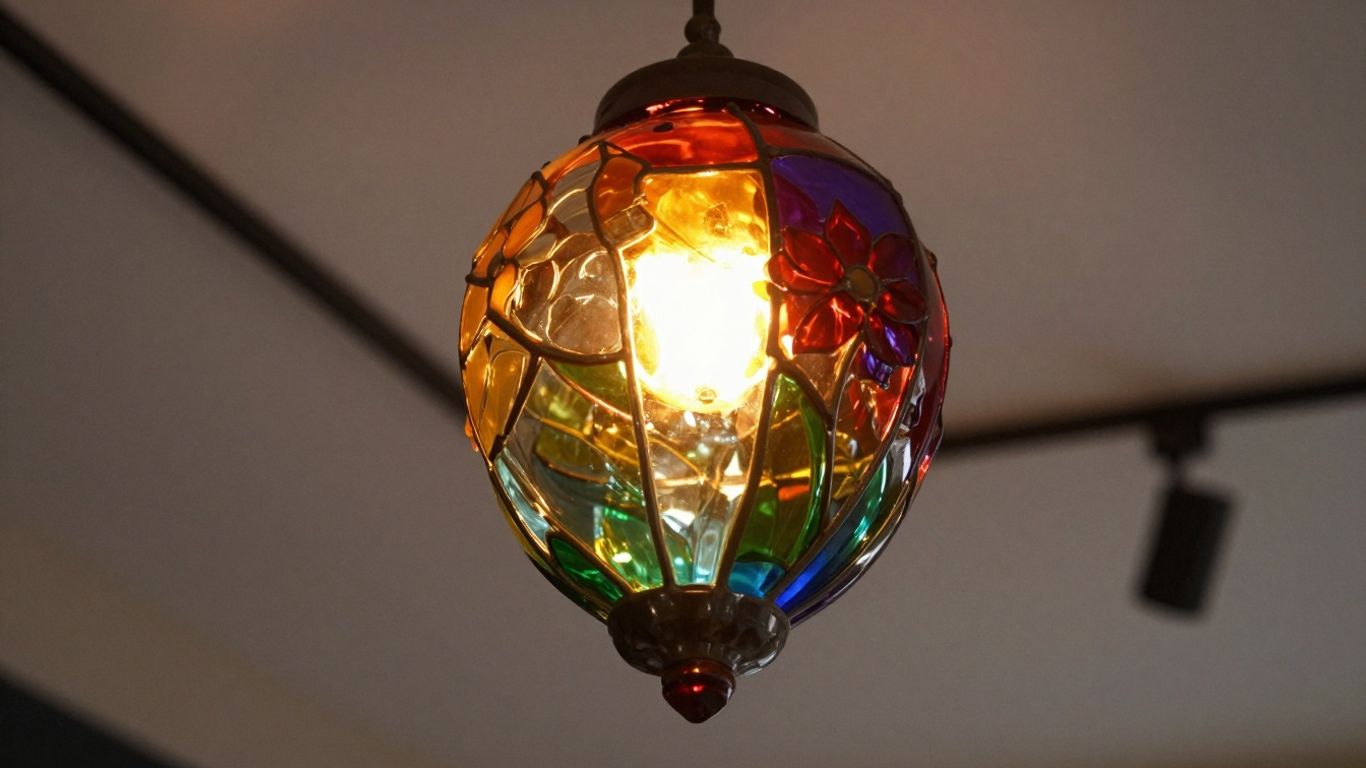 Coloured glass pendant light illuminating a modern space.