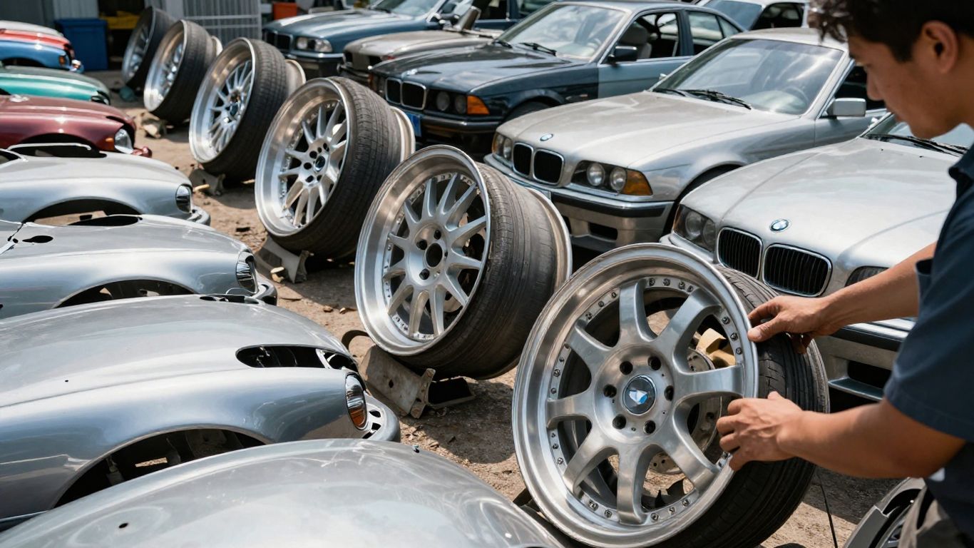 BMW car parts at a salvage yard.