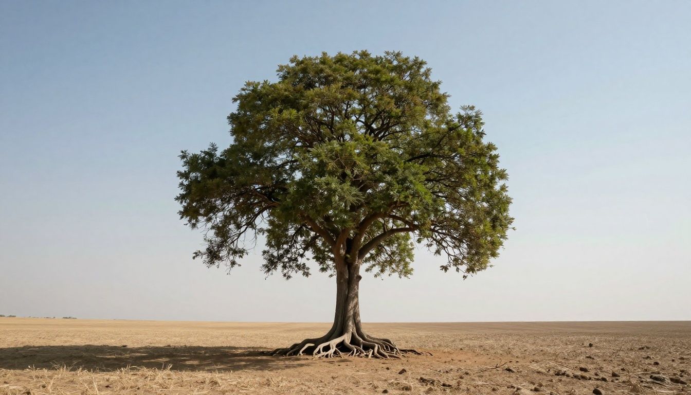 A single, sturdy tree with deep roots stands alone in a vast, open field under a clear sky, symbolizing strength and faithfulness amidst isolation.