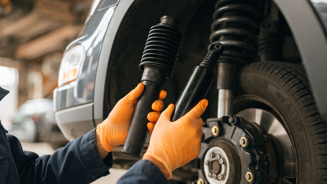 Technician checking suspension part beside vehicle