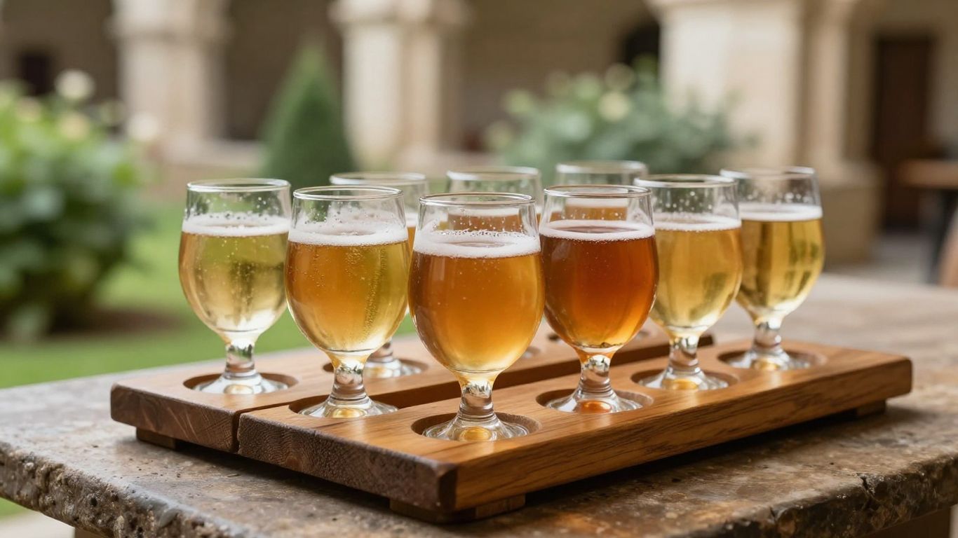 A tasting flight featuring traditional blonde and dubbel ales