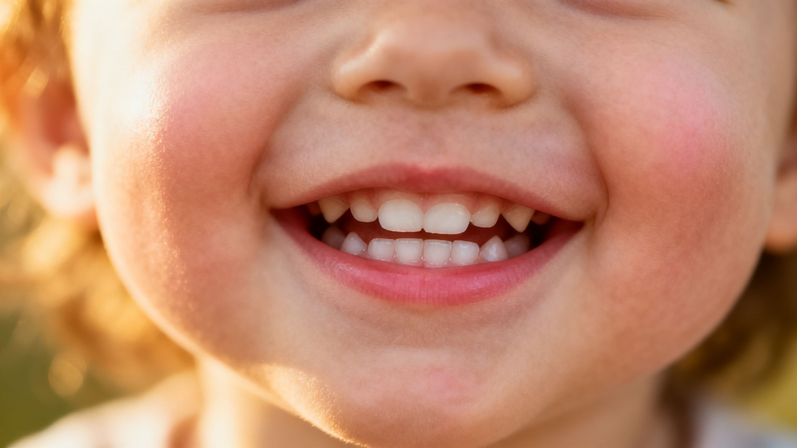 A close-up of a child's smile, showing healthy baby teeth.