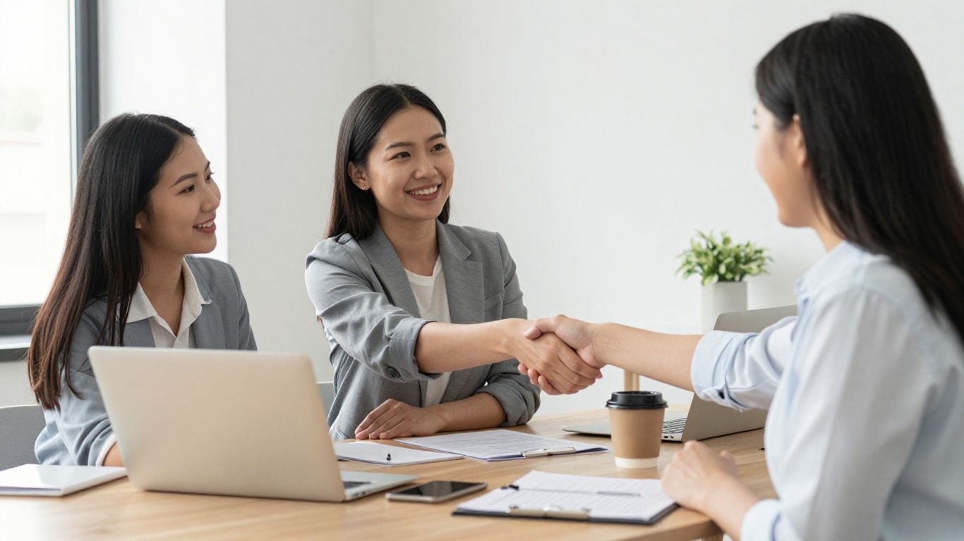 Service provider and client shaking hands in office