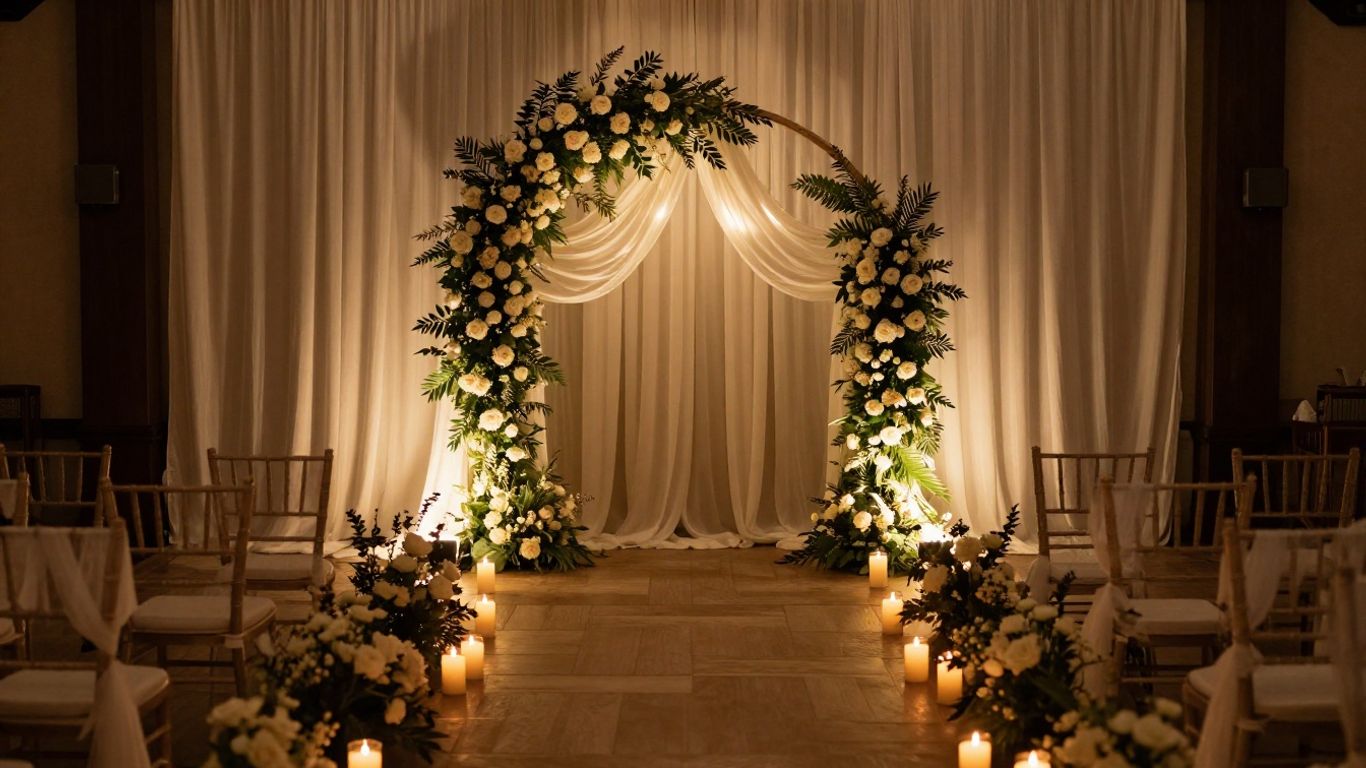 Intimate wedding ceremony setup with floral arch and soft lighting.