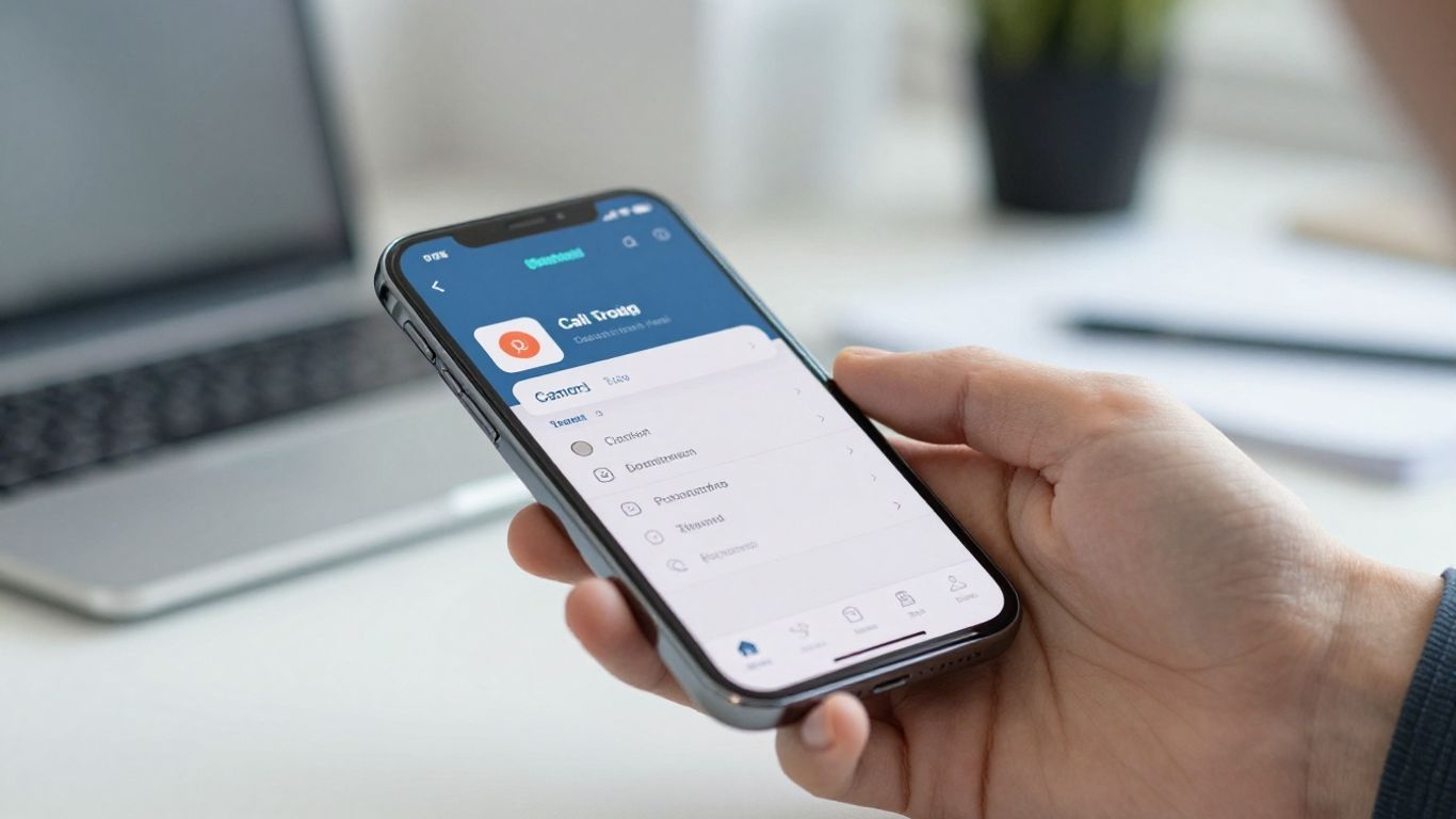 Smartphone showing call tracking software on an office desk.
