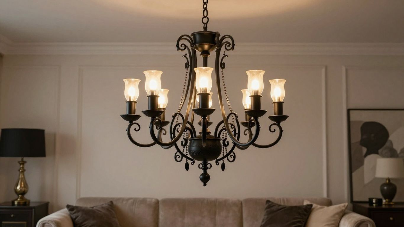 Black chandelier lamp in a modern living room.