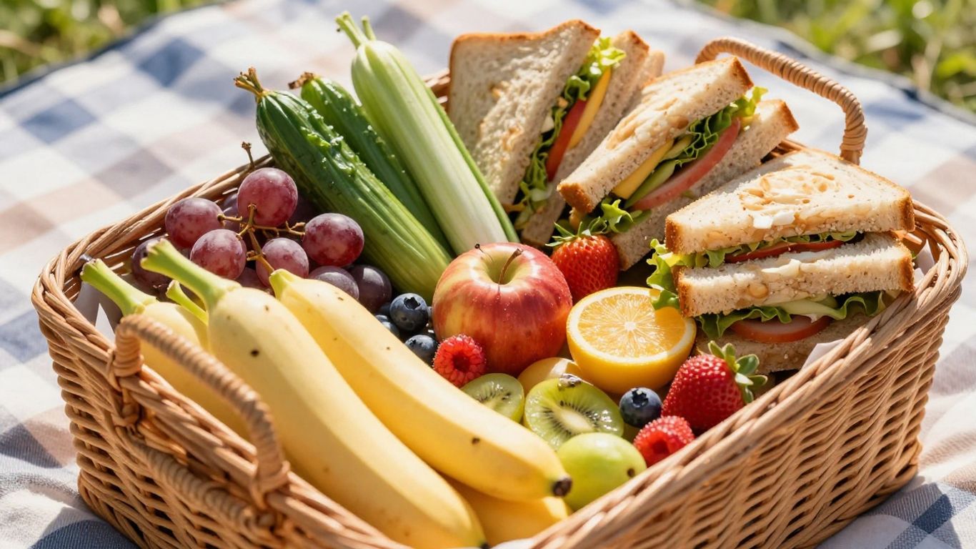 Fresh picnic basket with fruits, vegetables, and sandwiches.
