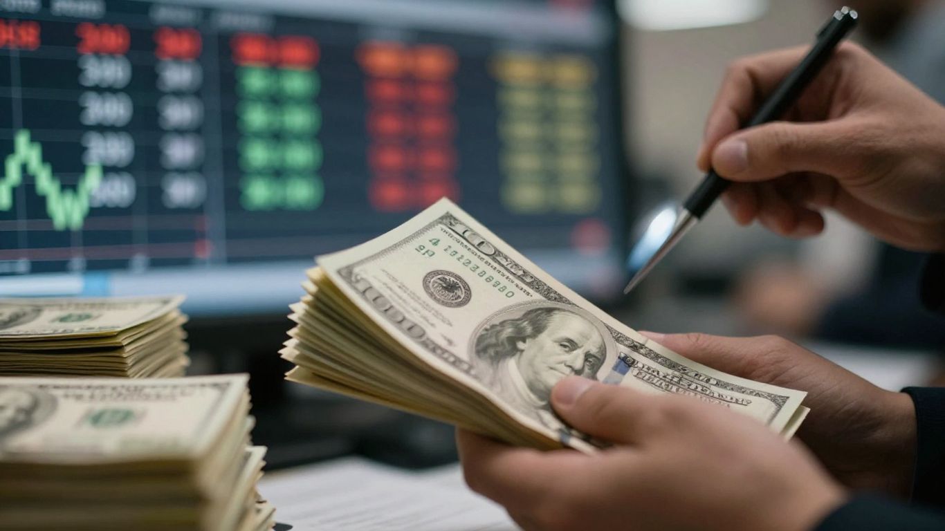 Currency exchange board with blurred background activity.