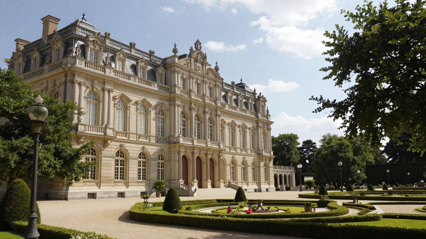 Fontainebleau Palace exterior with gardens and trees.
