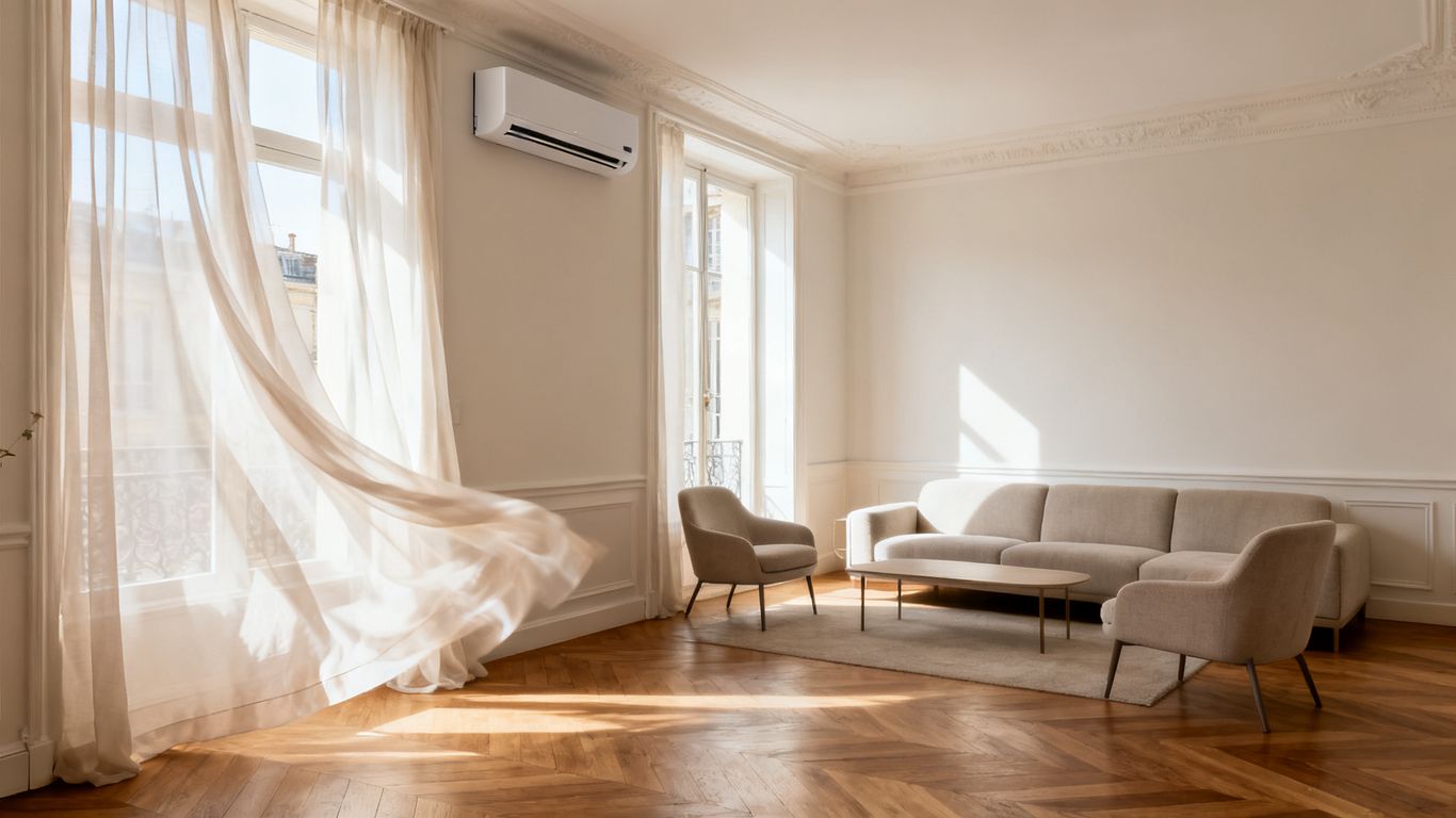 Salon lumineux équipé d’un chauffage réversible