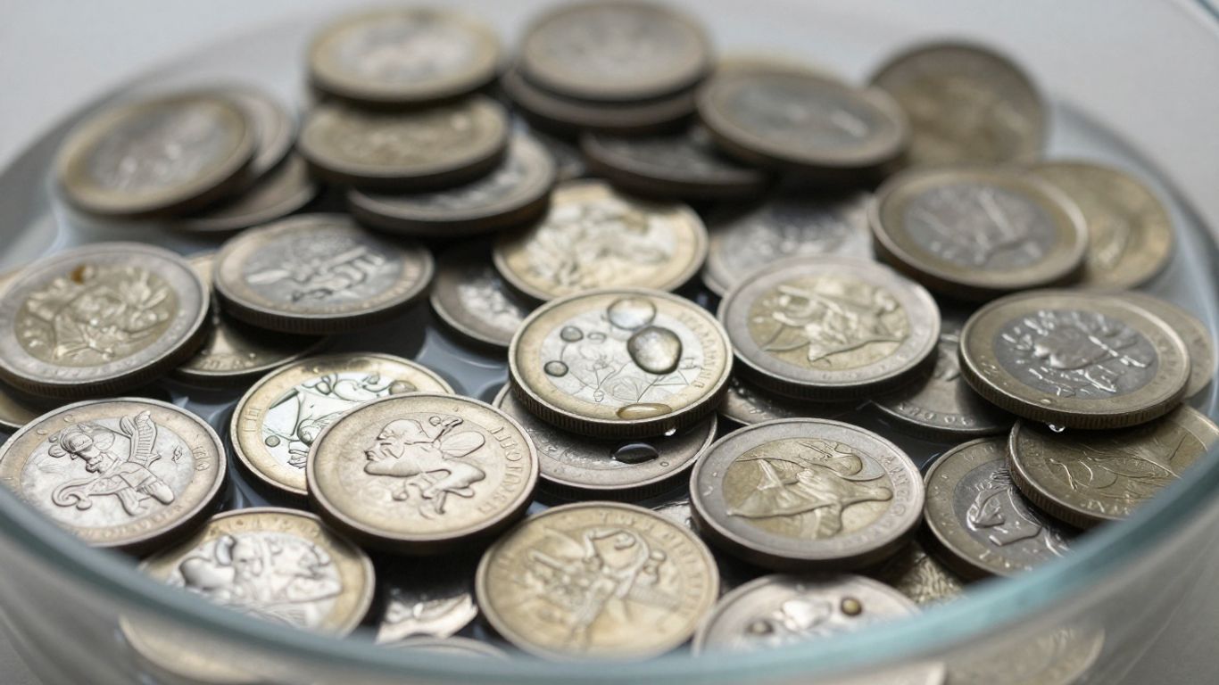 Coins being tested for specific gravity in water.