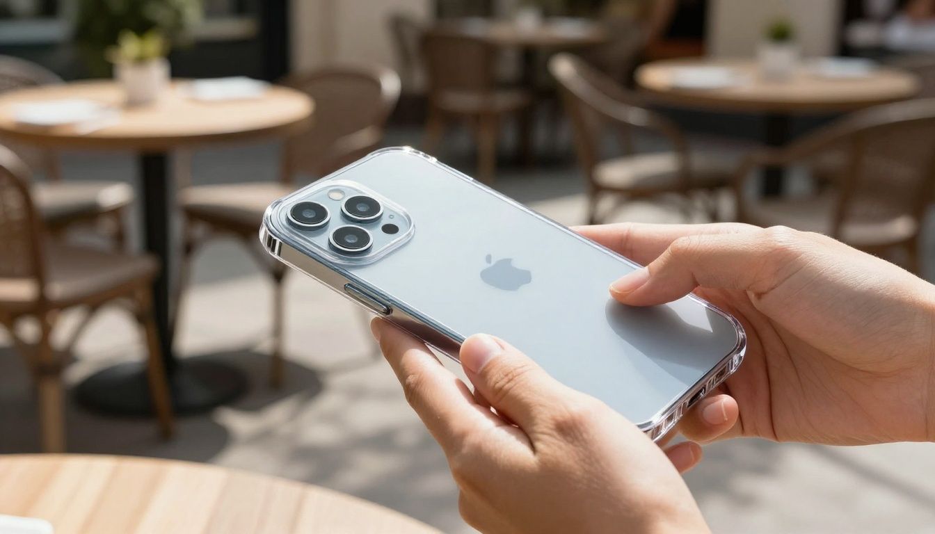 A person carefully placing their new iPhone 17 Air into a clear protective case, with a sunlit Australian cafe patio in the background.