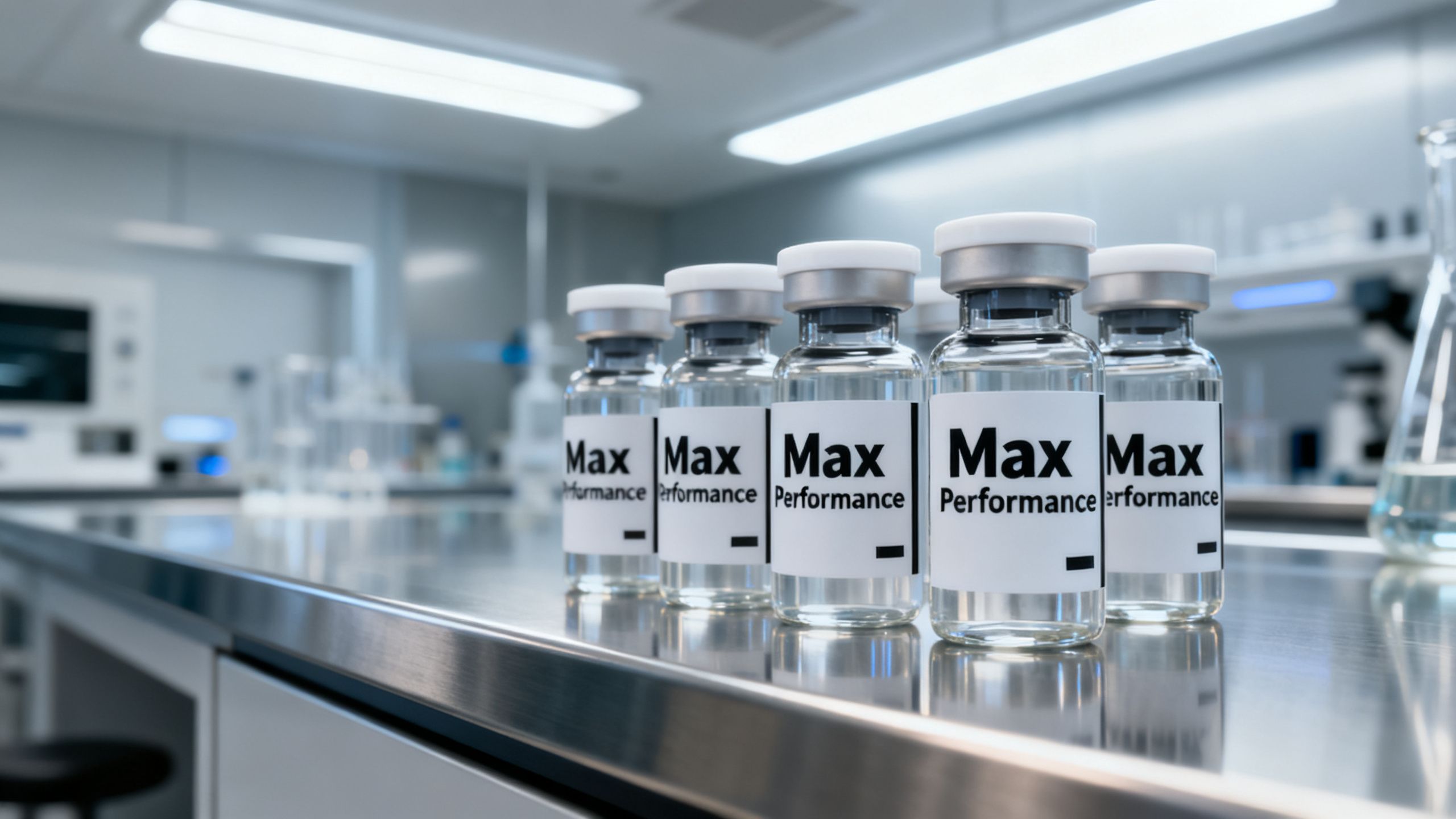 A clean, modern laboratory setting with peptide vials labeled "Max Performance" on a stainless steel counter, conveying quality and research.