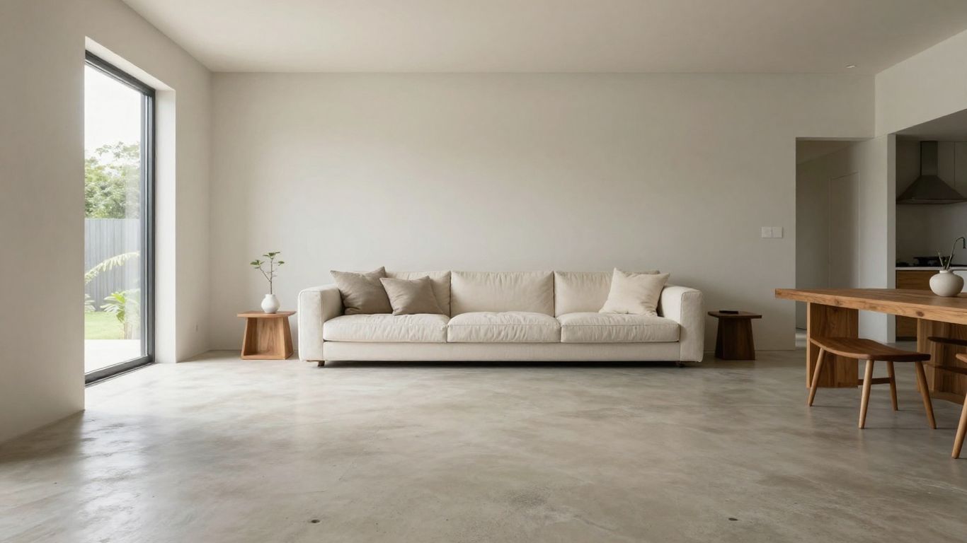 Polished concrete sample beside warm interiors