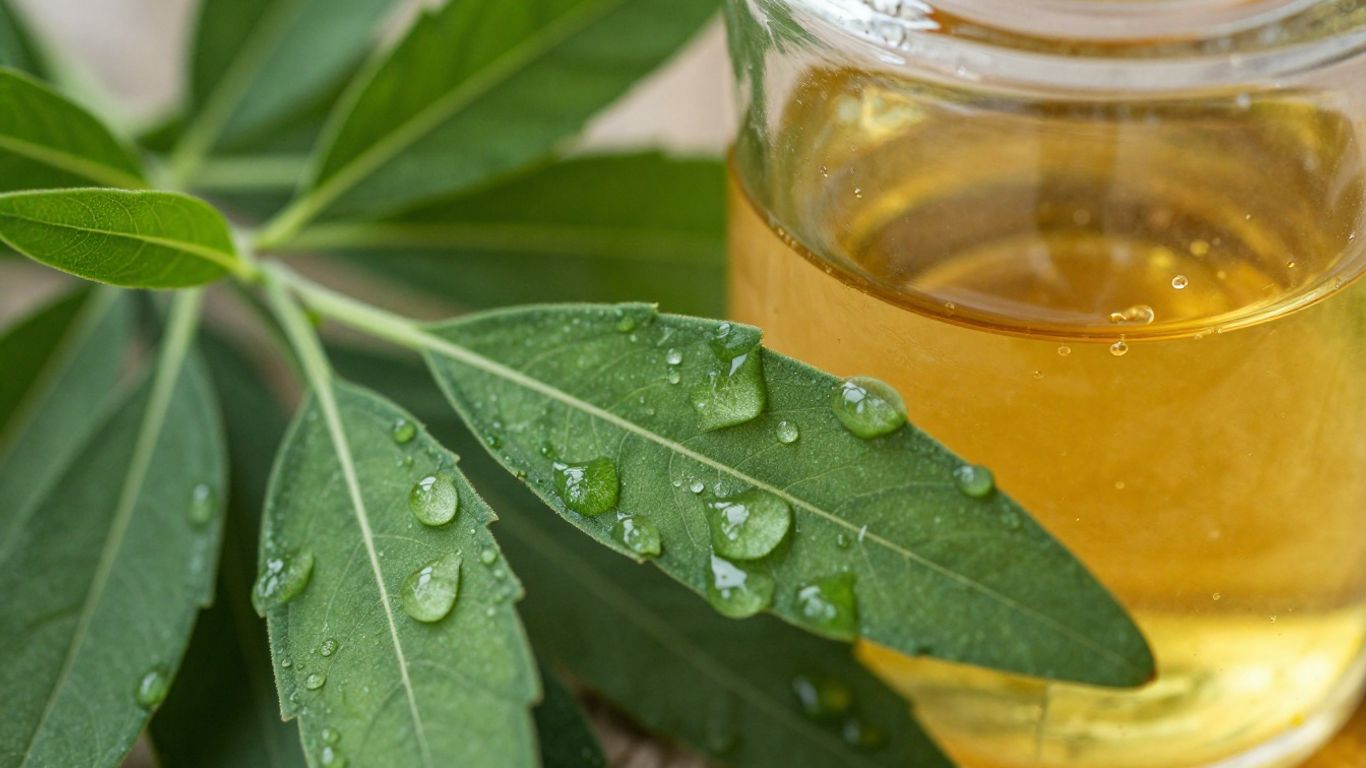 Patchouli leaves and amber essential oil in a vial.
