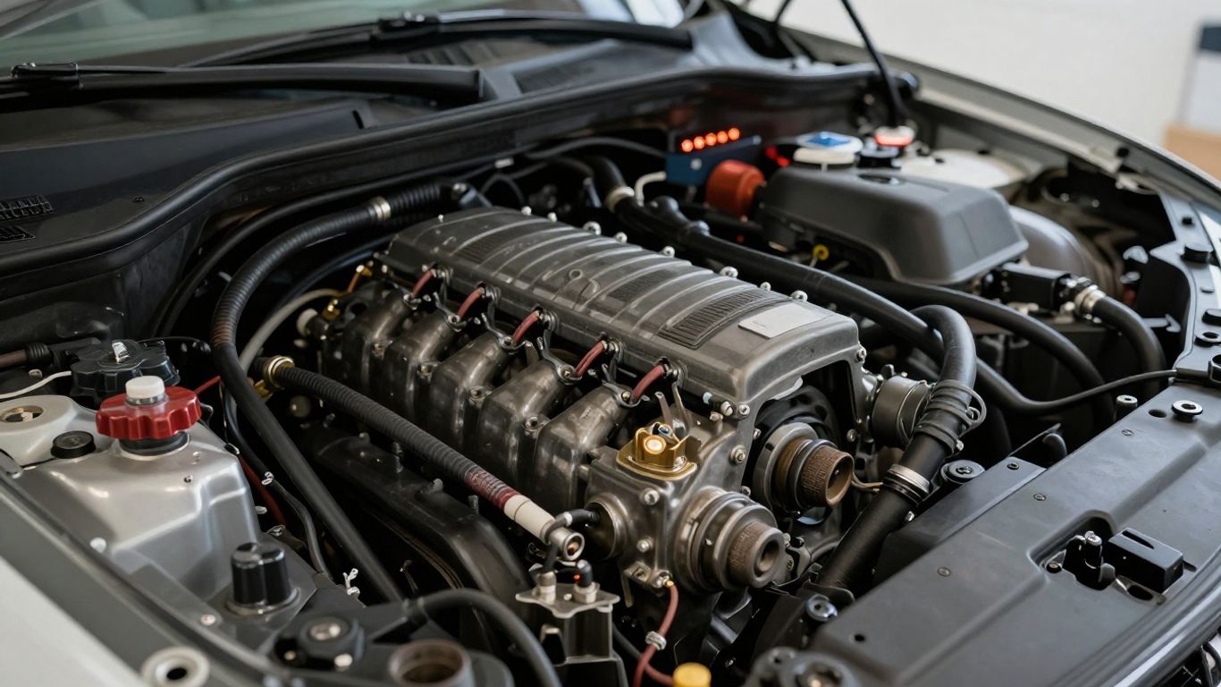 Engine bay with battery and diagnostic scanner