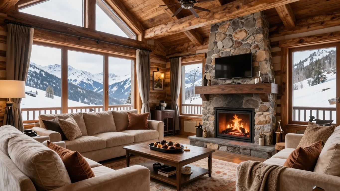 Luxurious ski chalet interior with fireplace and mountain view.