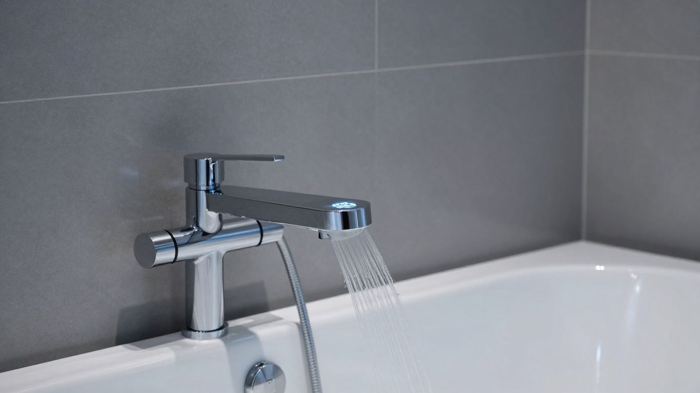 Modern digital shower faucet in a sleek bathroom.