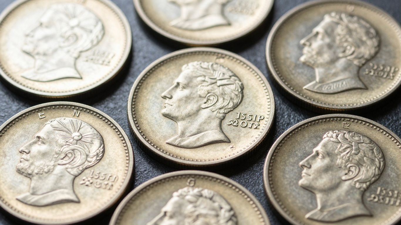 Close-up of extremely fine coins with intricate details.