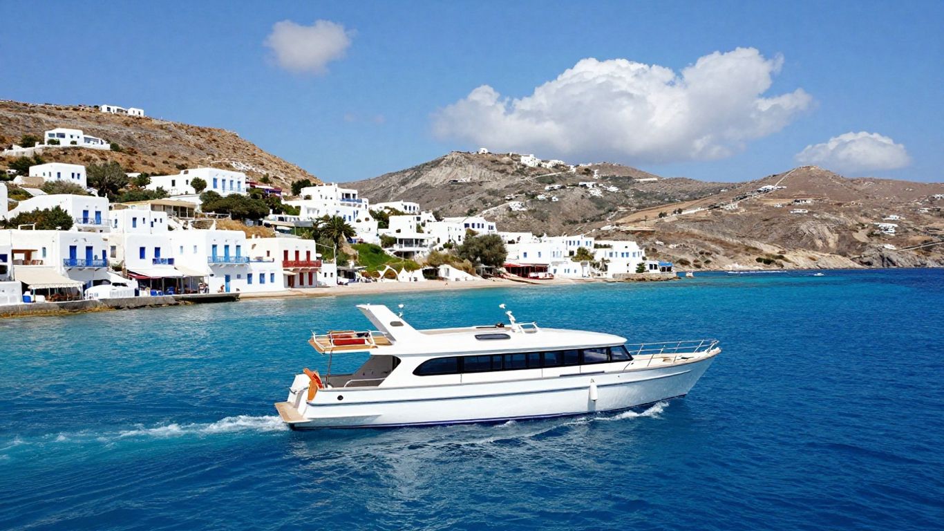 Charter boat sailing in the Greek Islands with scenic views.