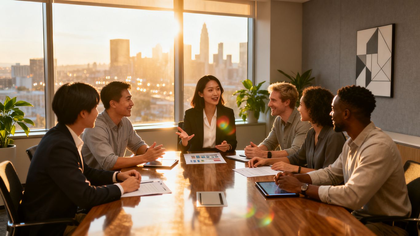 Diverse professionals in a meeting, offering guidance and wisdom.