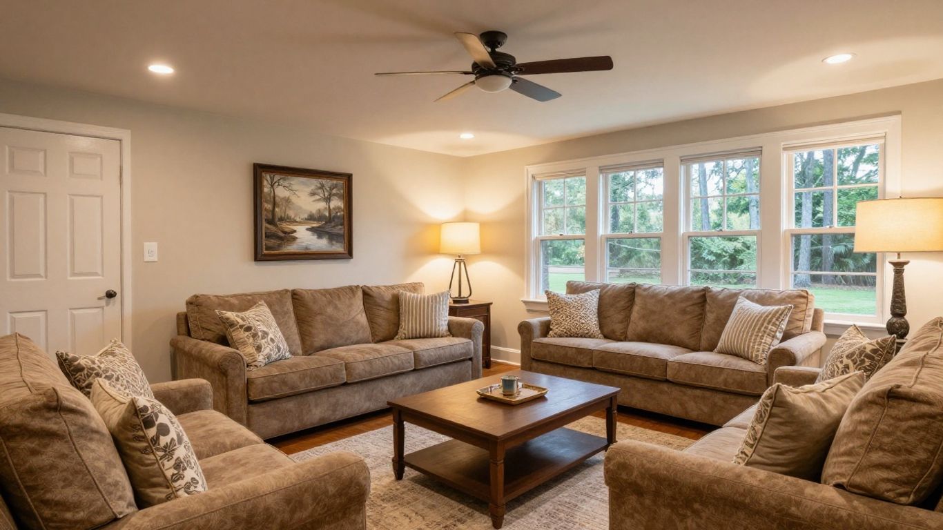 Finished basement living area in Berkeley Lake, Georgia.