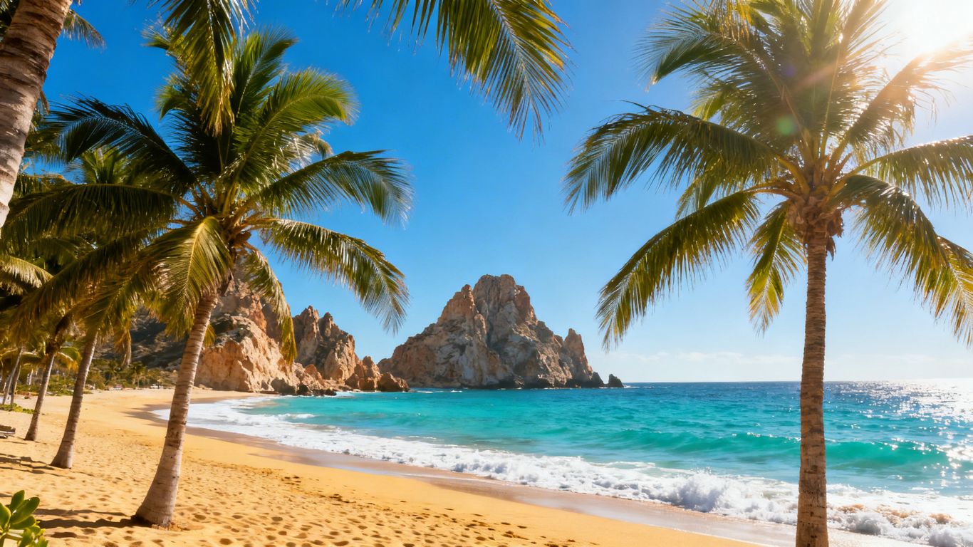 Cabo San Lucas beach with turquoise water and palm trees.