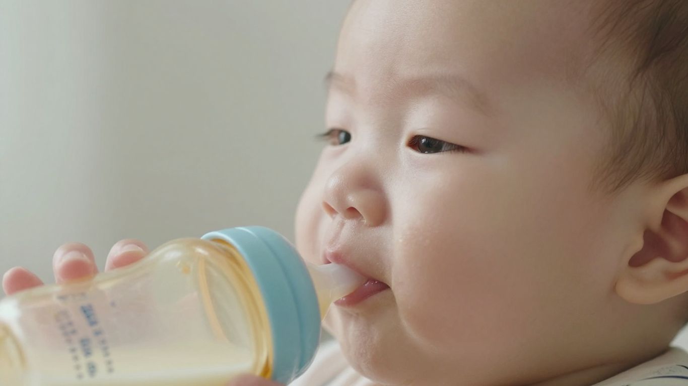 Bebé feliz con un biberón de leche hidrolizada.