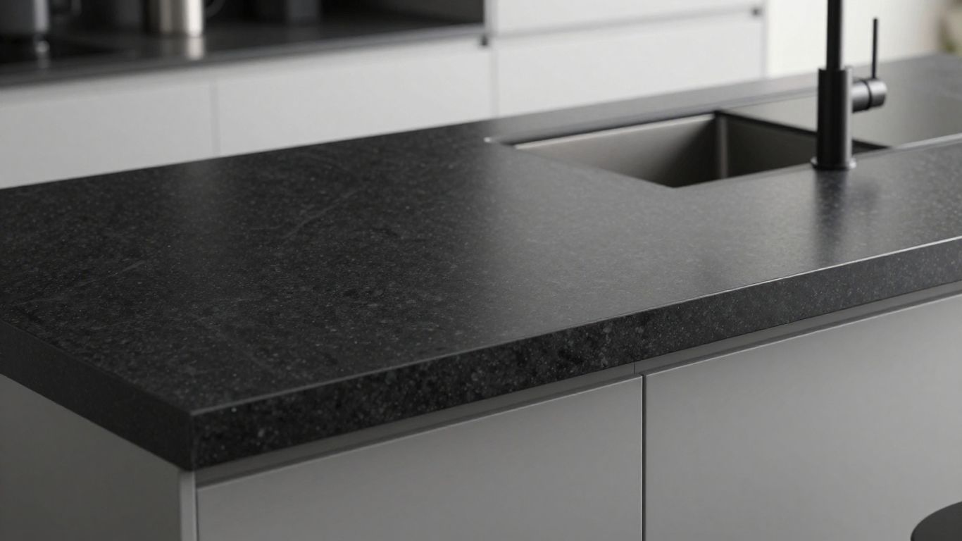 Sleek black quartz countertop in a modern kitchen.