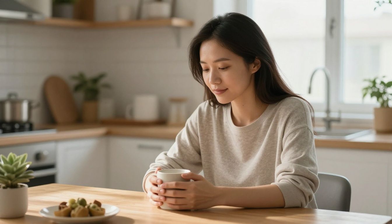 A single mother sits at her kitchen table in the quiet morning light, her hands wrapped around a warm mug, a peaceful and thoughtful expression on her face.