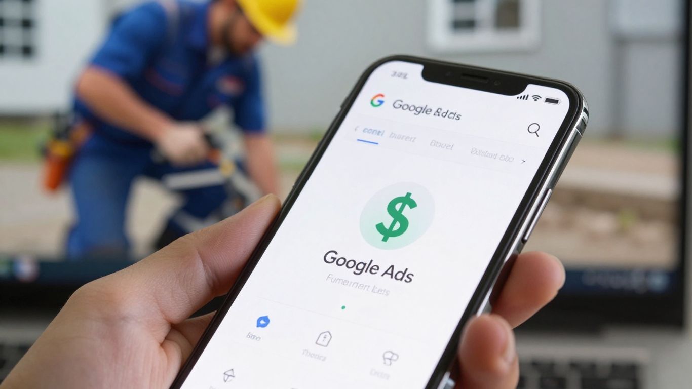 Google Ads on phone with electrician background