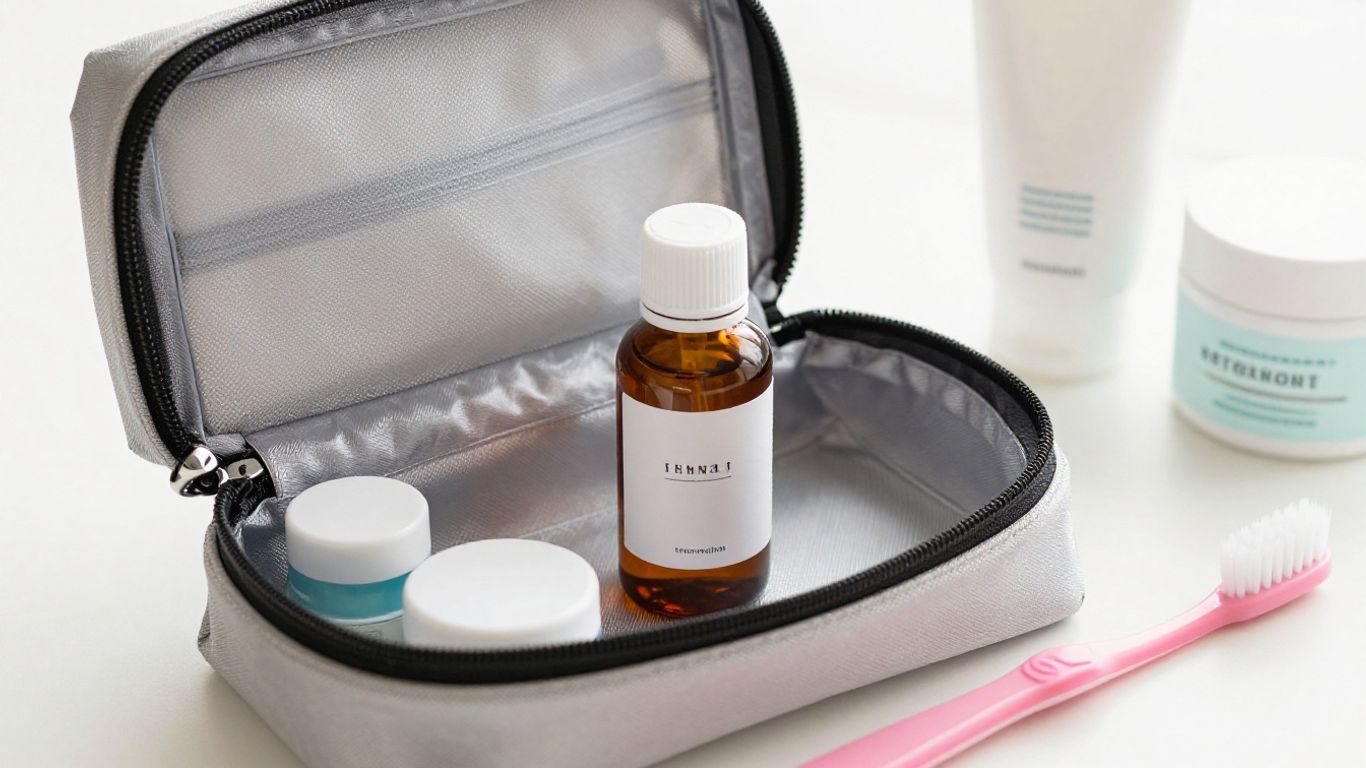 A small discreet bottle in a travel toiletry bag