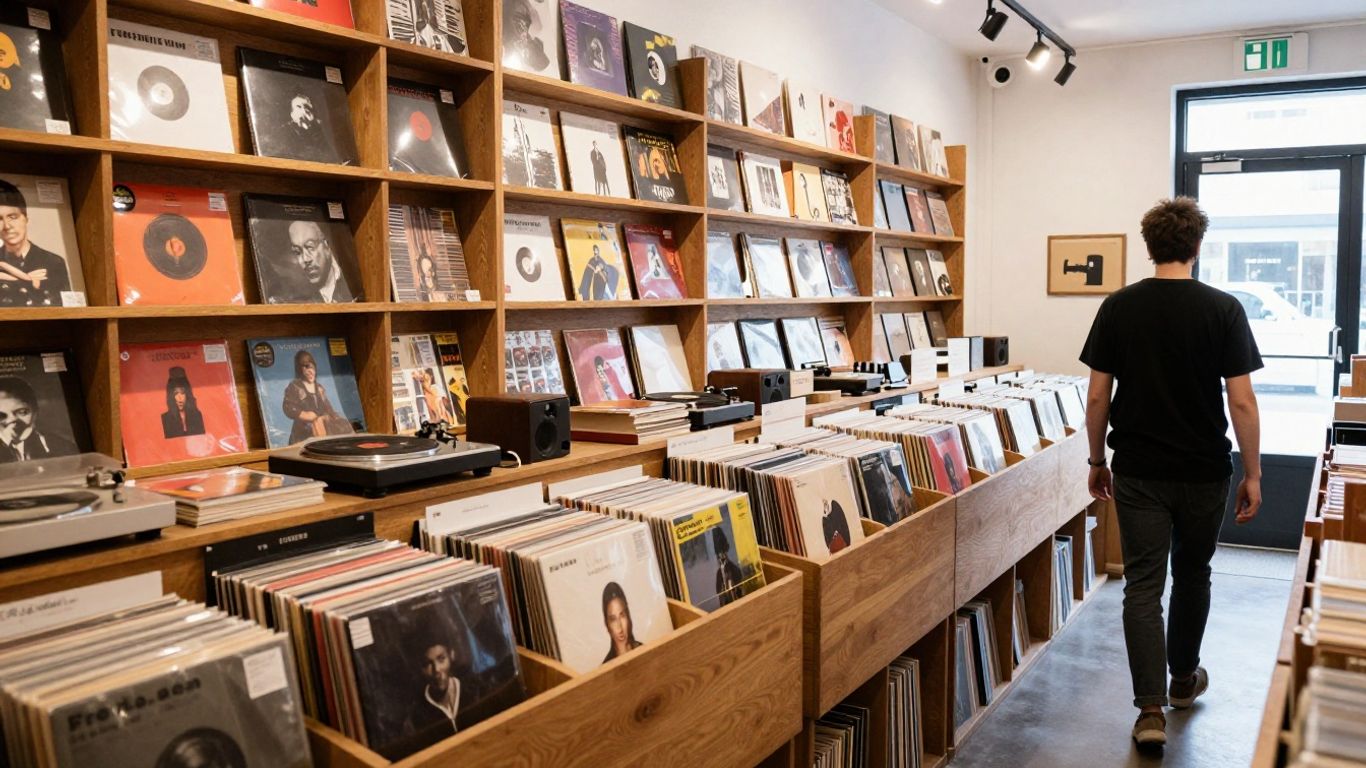 Rows of vinyl crates inside Australian record shop