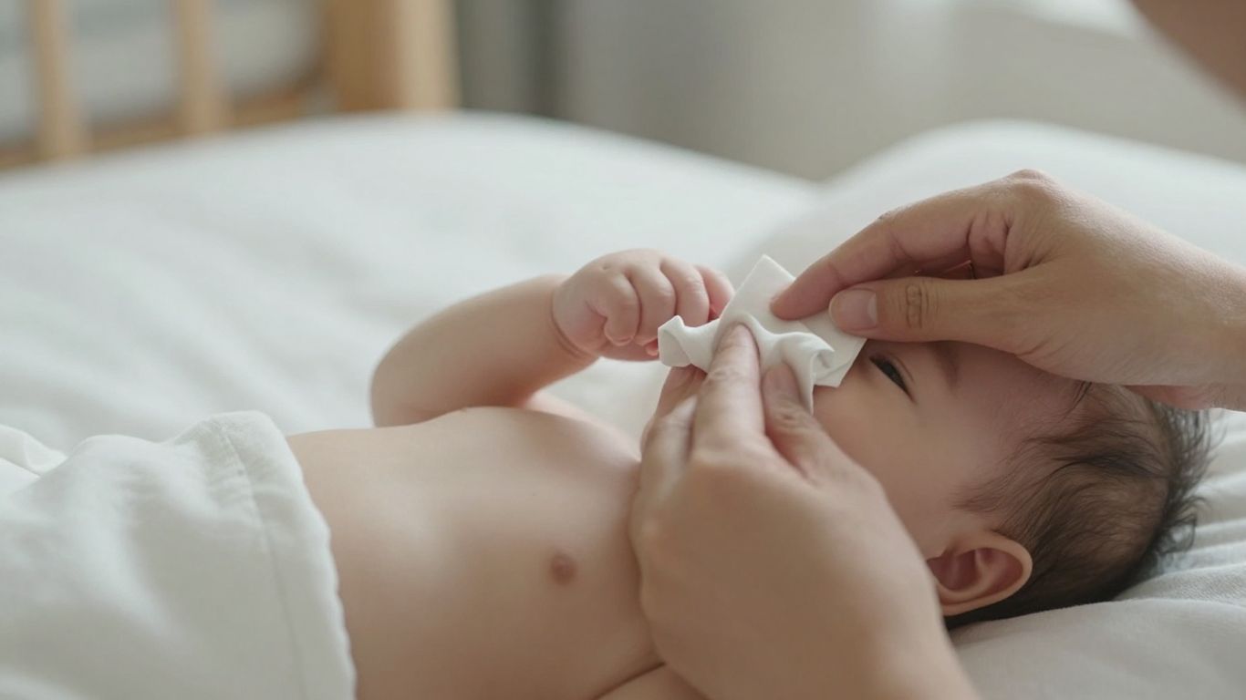Cuidador limpiando suavemente la nariz del bebé