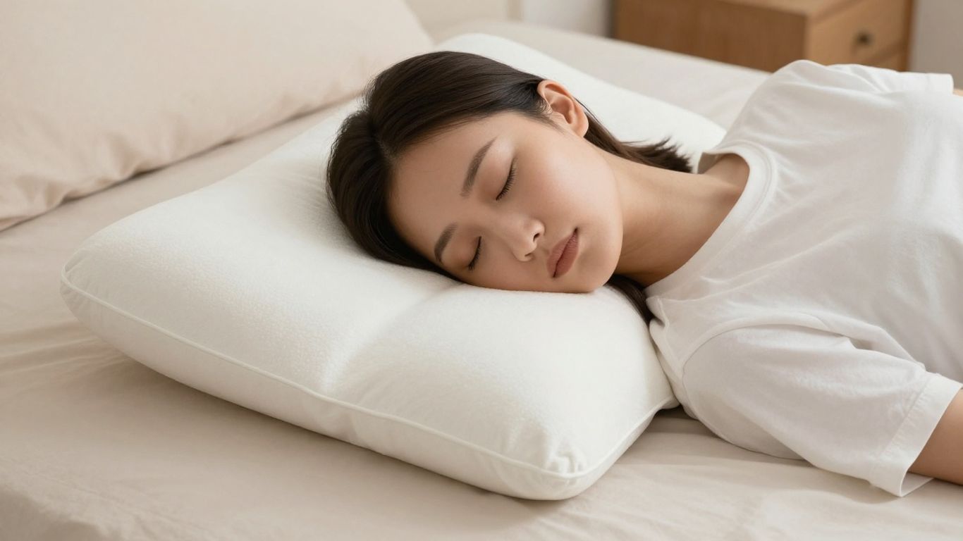 Side sleeper with cervical pillow, neck pain relief.