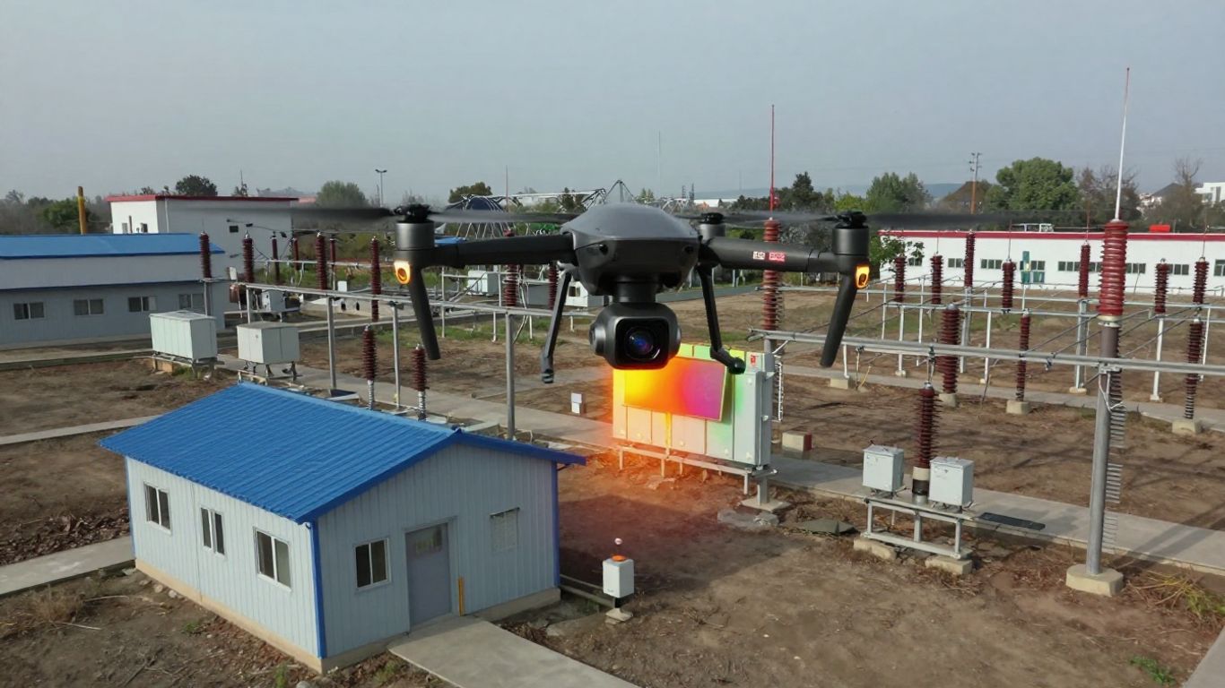 Drone inspecting utility substation thermal imaging