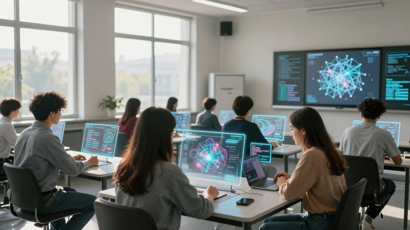 Students interacting with AI interfaces in a classroom.