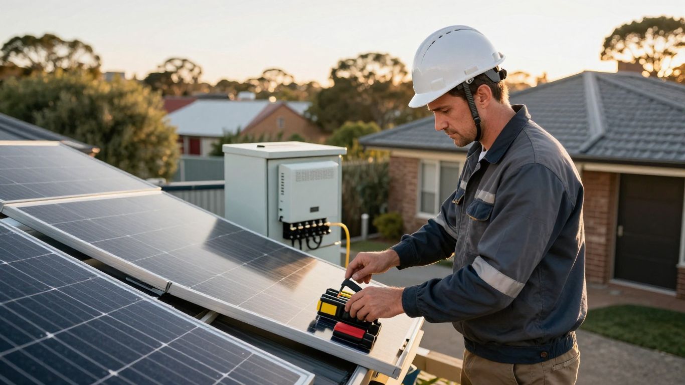 Solar installer reviewing rooftop equipment