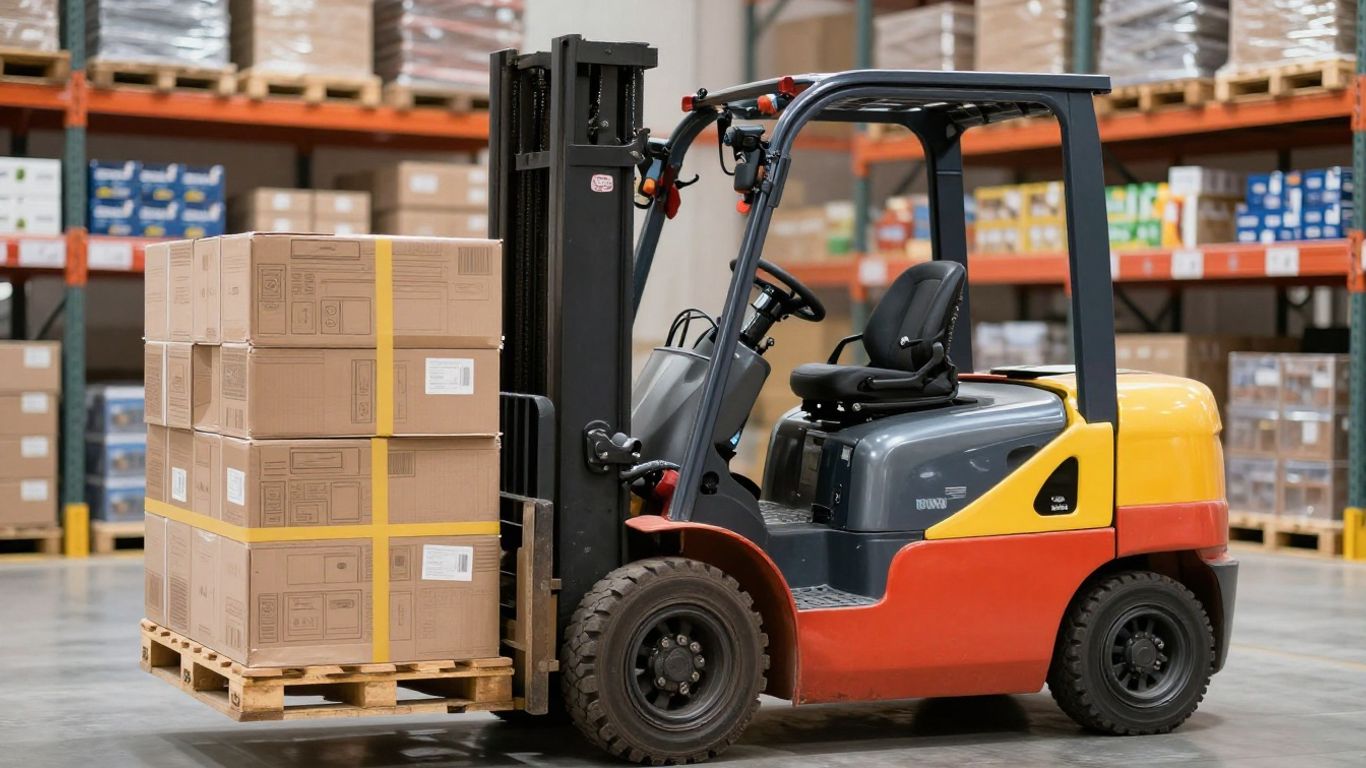 รถโฟล์คลิฟท์กำลังยกสินค้าในคลังสินค้า
