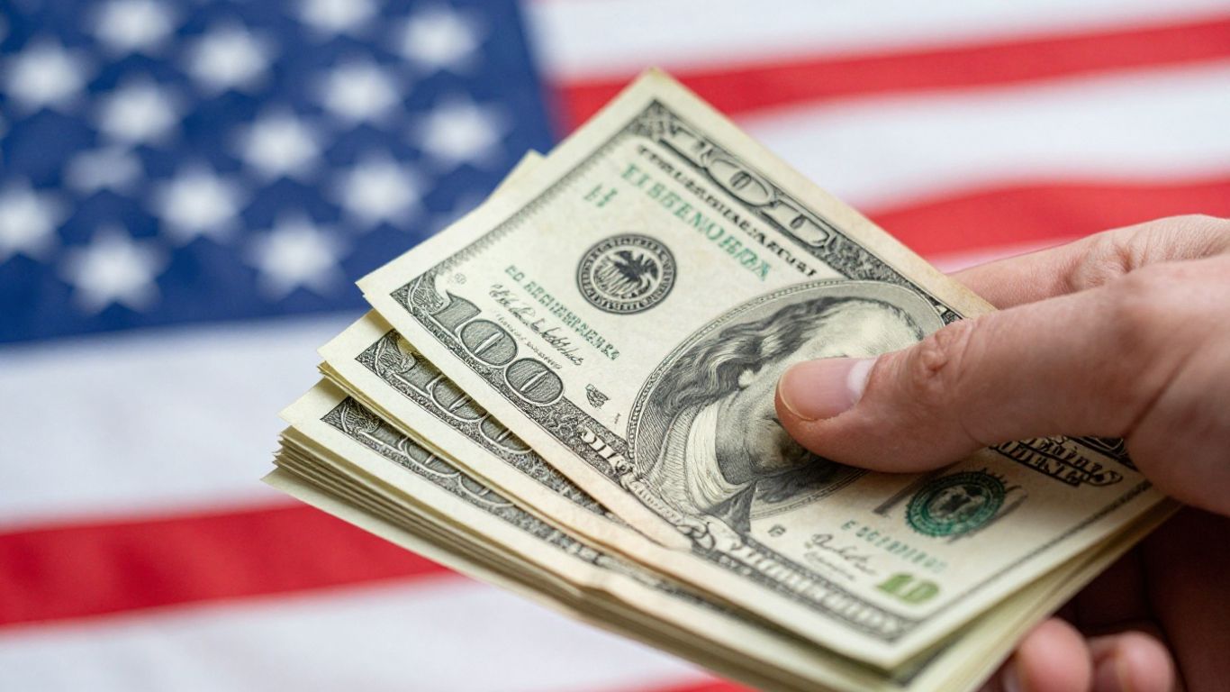 Manos con dinero y bandera de Estados Unidos.