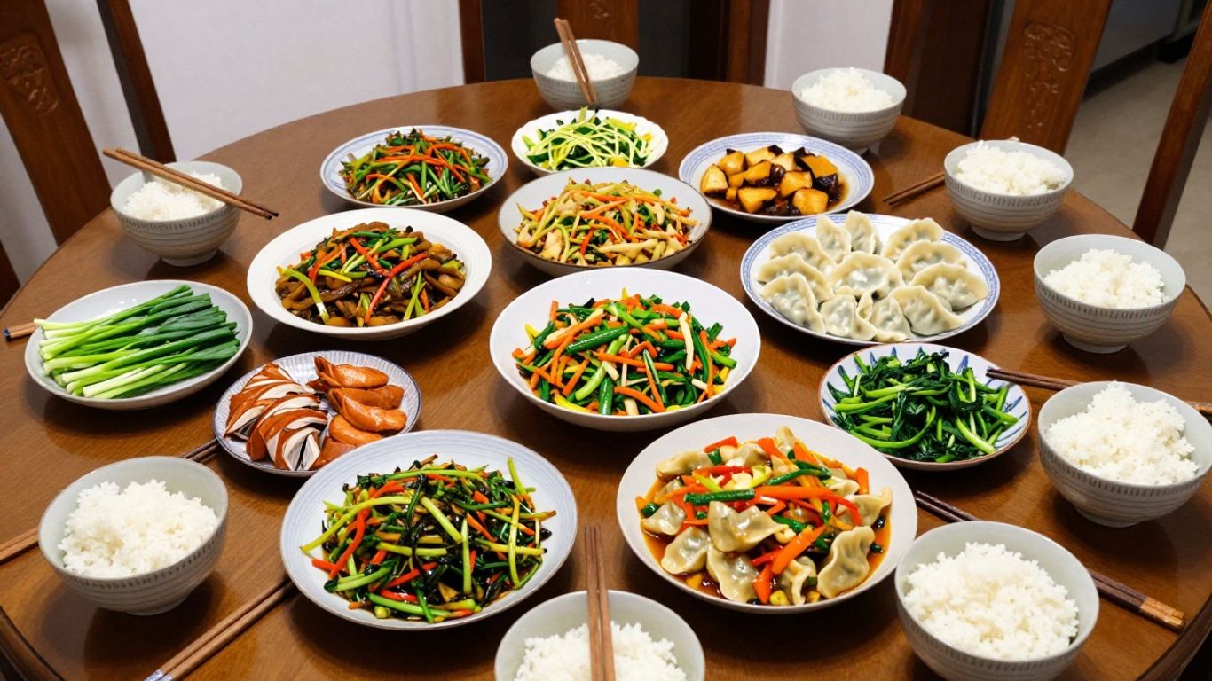 A colorful Chinese home cooking spread