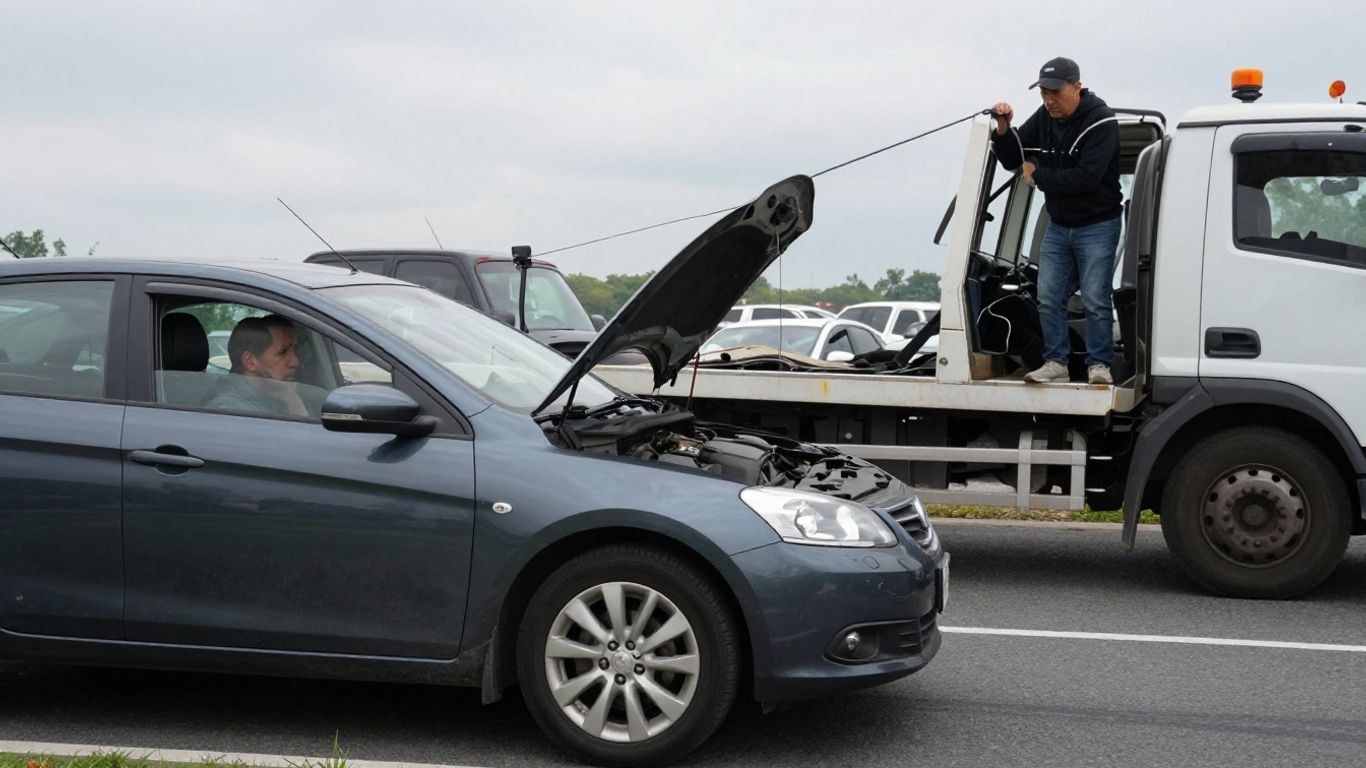 Car being towed after transmission failure on roadside