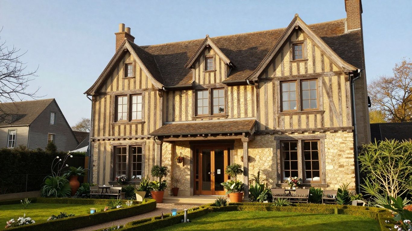 Aerial view of a charming coastal hotel in Normandy