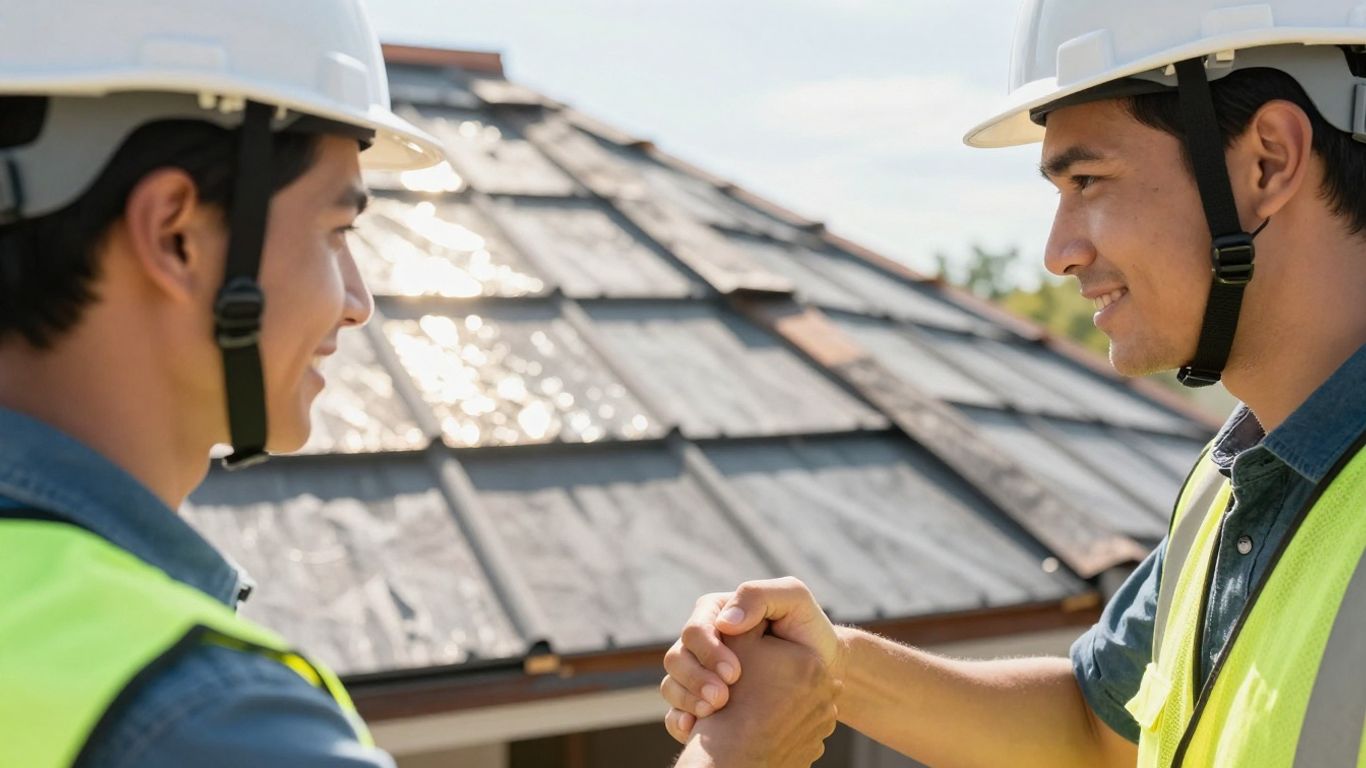 Roofing salesperson and homeowner shaking hands after estimate.