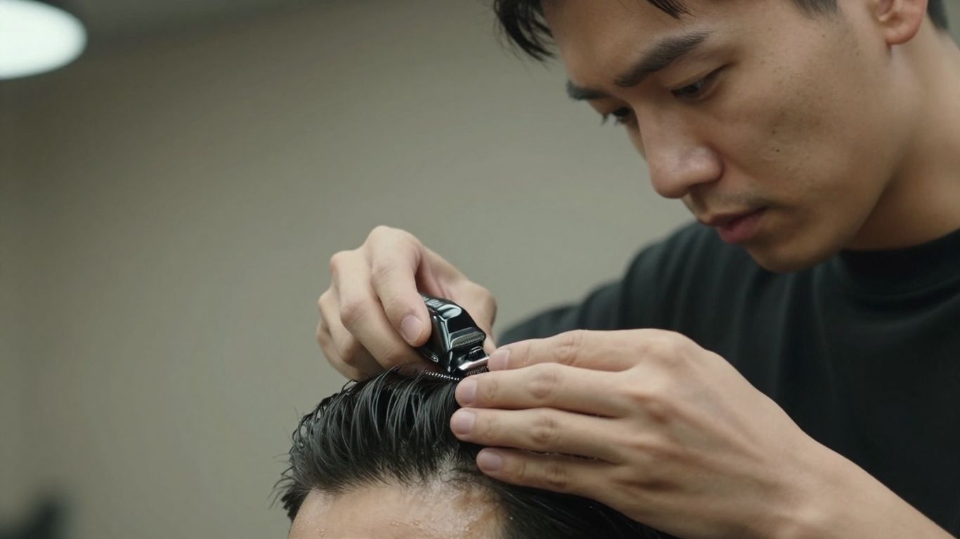 Barber skillfully cutting client's hair with clippers.