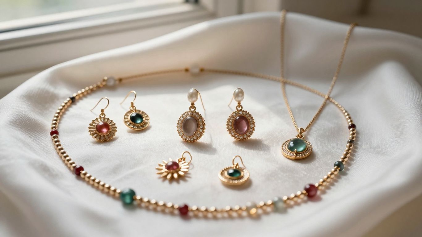 Festive earrings and necklaces arranged beside silk fabric