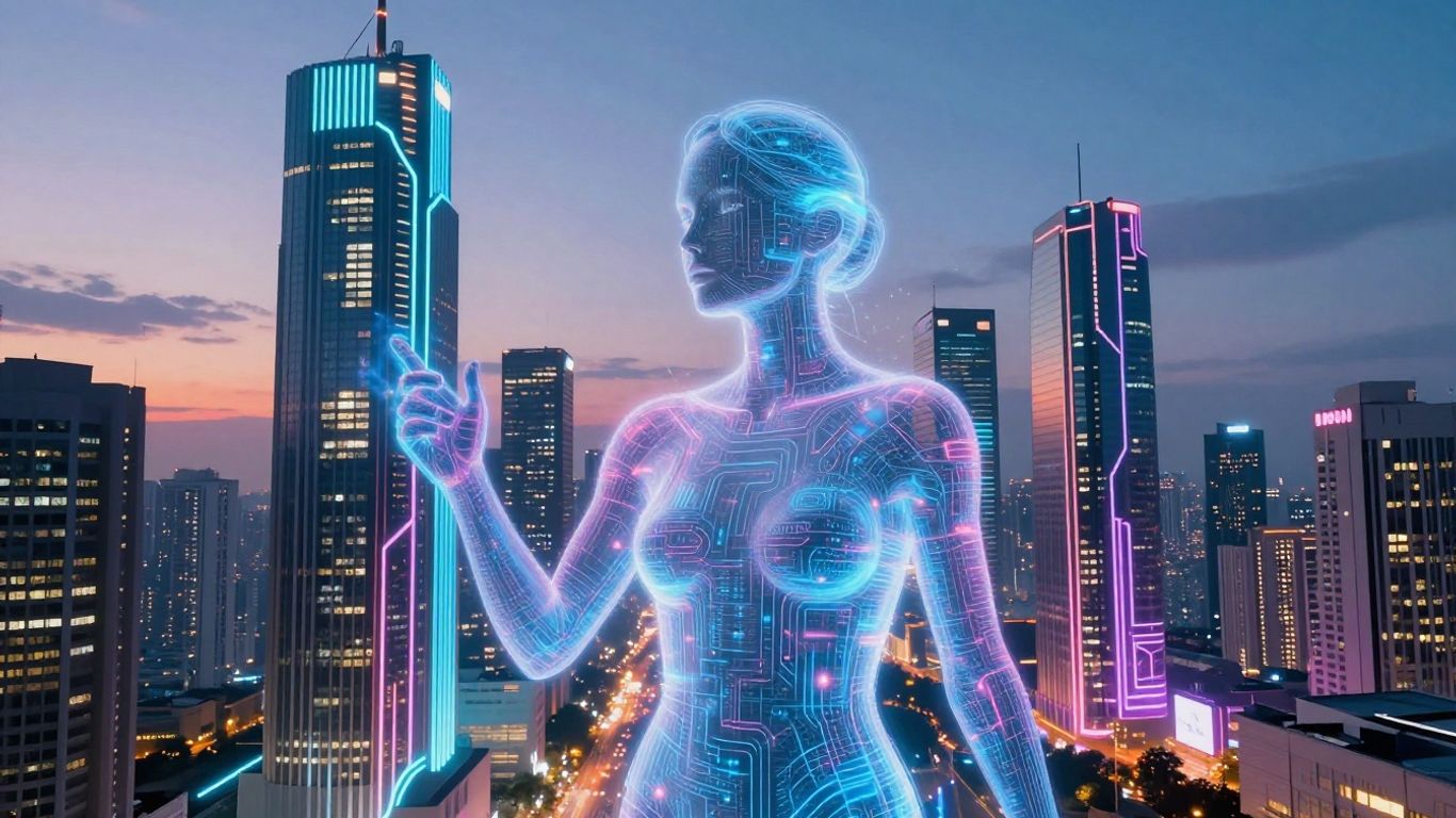 Futuristic cityscape with AI interaction.