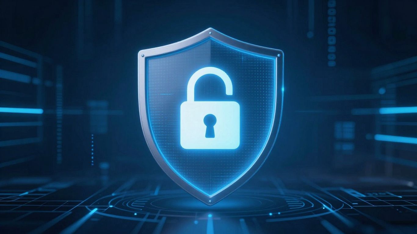 Digital shield with lock icon, abstract data streams.