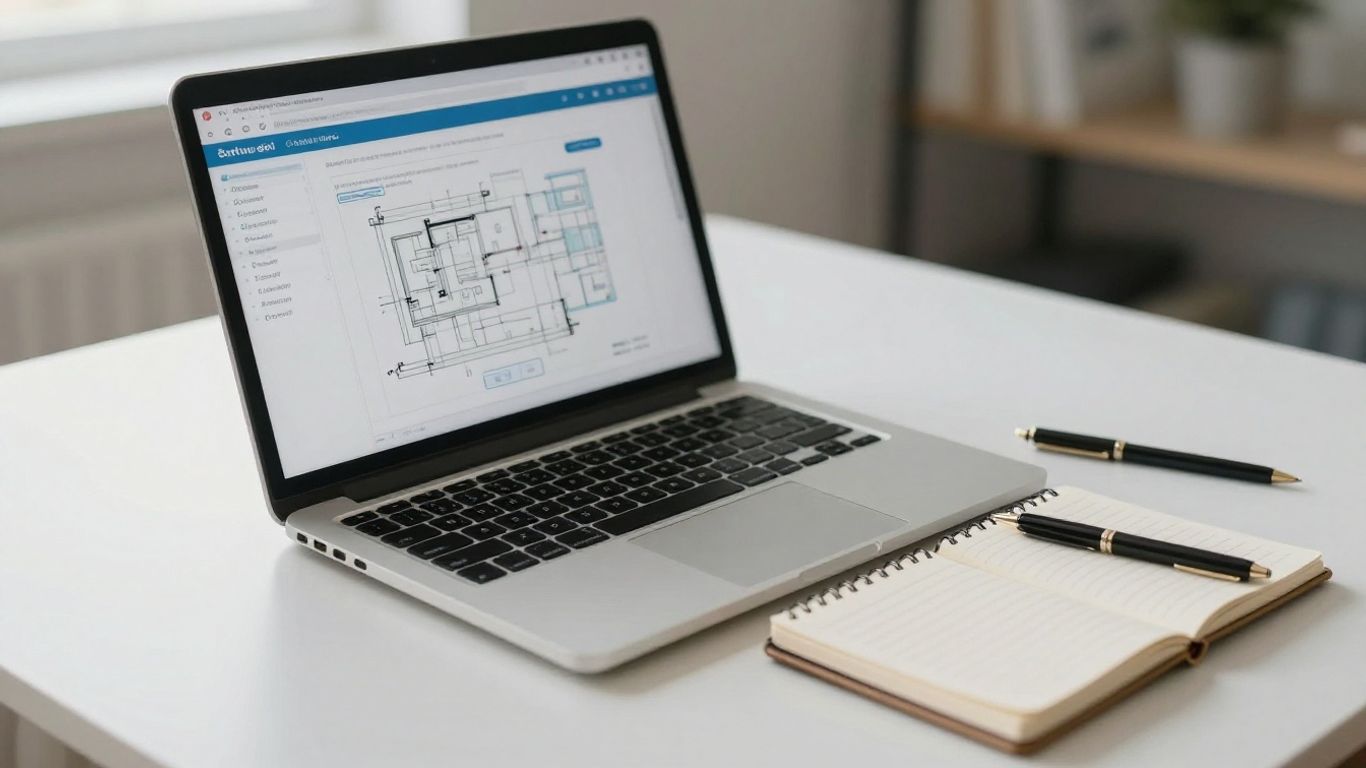 Laptop displaying software blueprint on a desk.