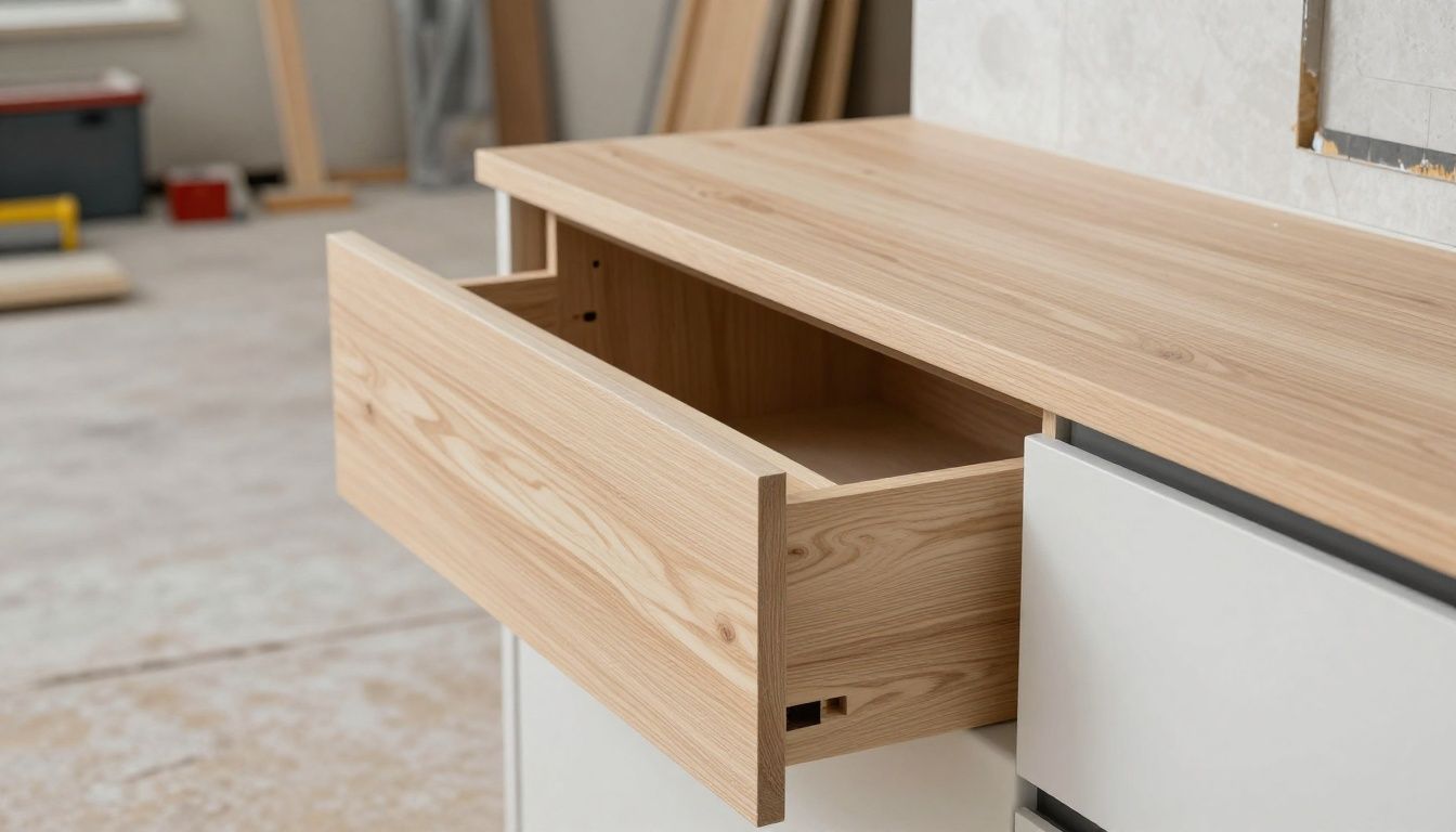 Close-up of custom cabinet joinery during installation.